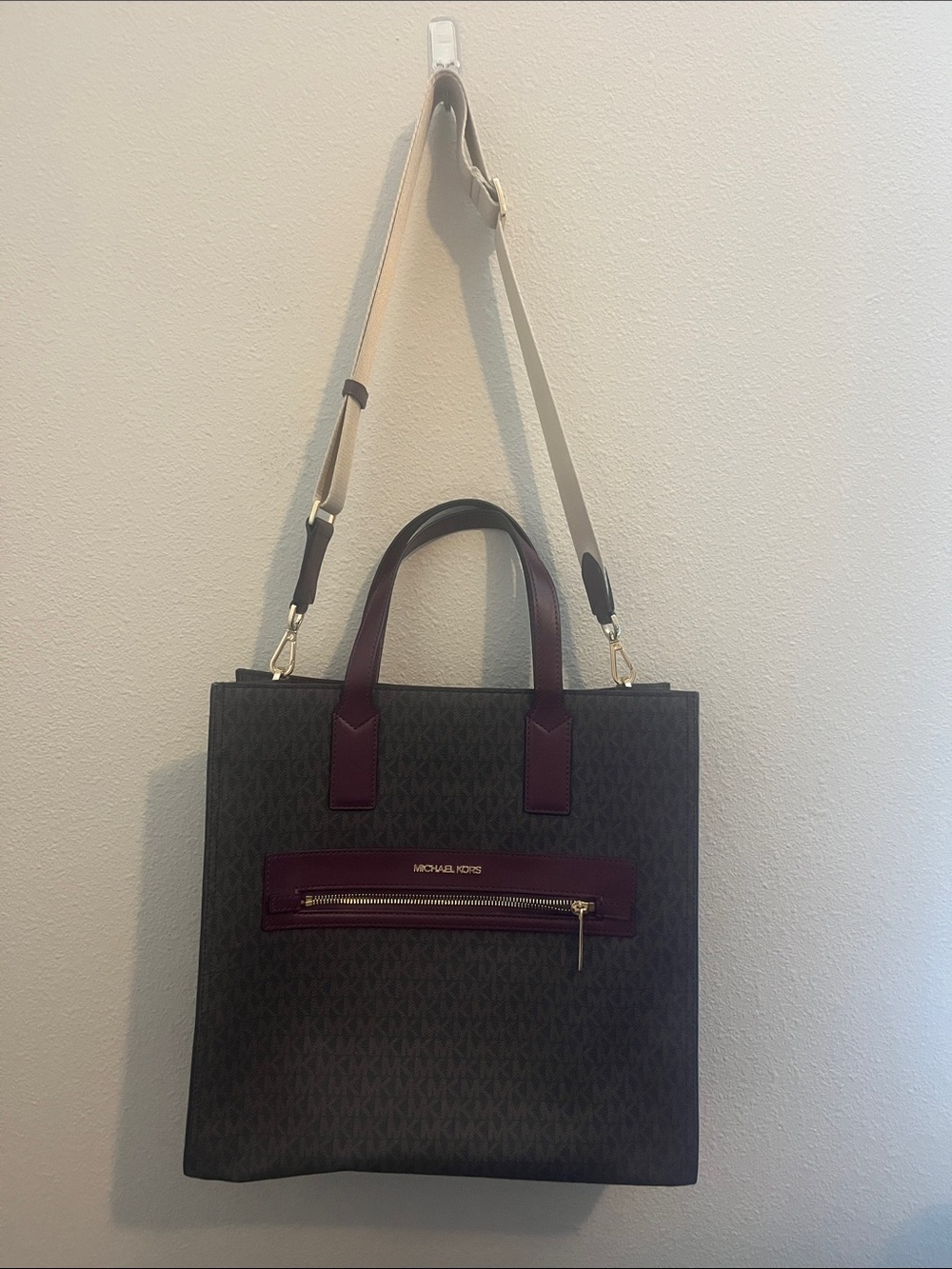 Michael Kors Brown and Burgundy Logo Messenger Tote with Adjustable Strap
